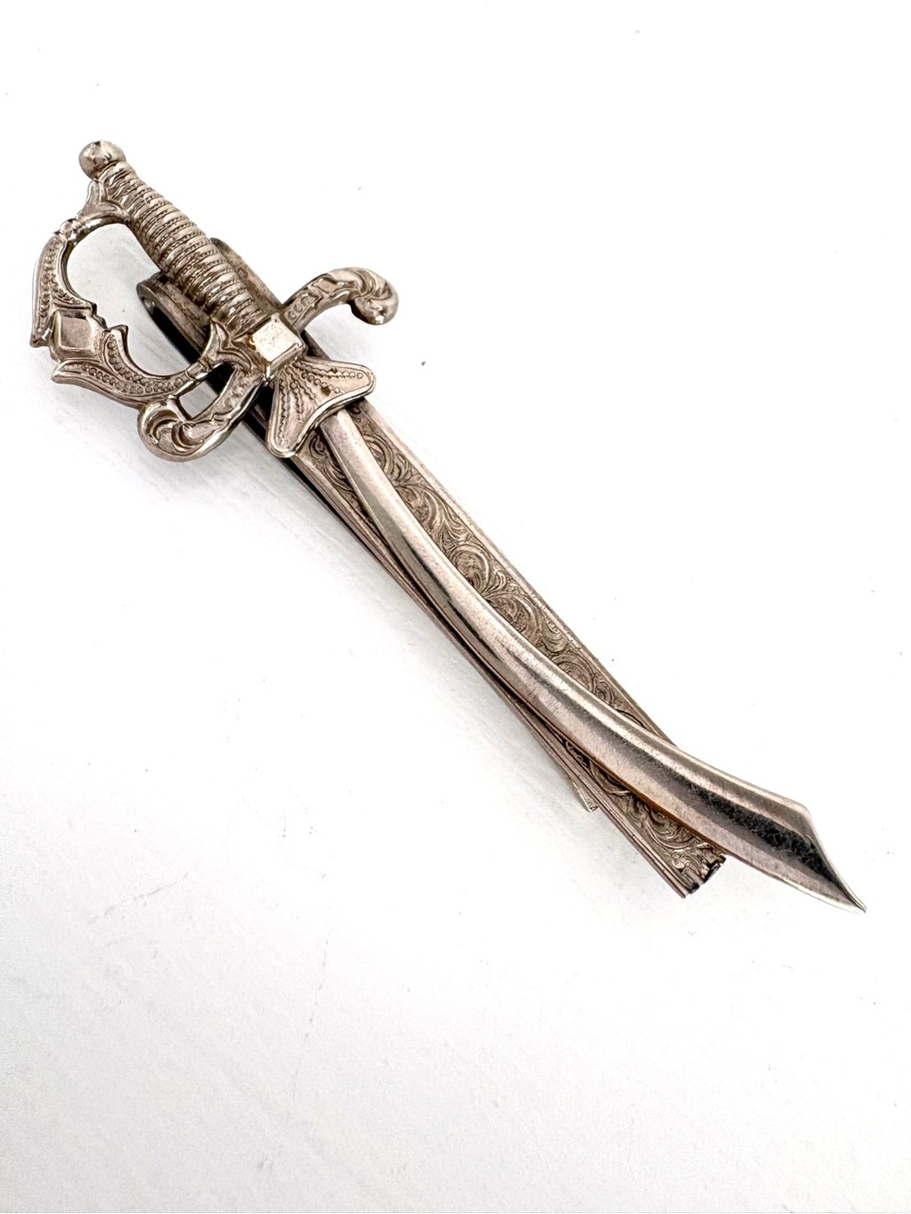 Vintage Scimitar Sword Tie Bar Clip Silver Tone
